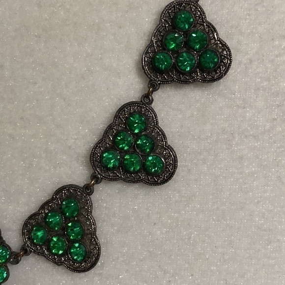 Emerald Green Pave Triangle Statement Necklace Filigree Luxe Geometric Glamour - Picture 11 of 16